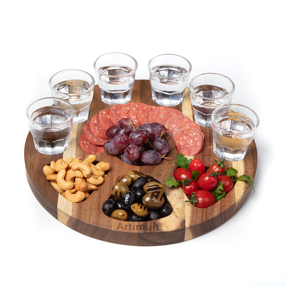 ARTIMUN Tequila Shot Glasses Wooden Tray for Gift and Decorations, Elegant Serving Tray for Parties and Celebrations, Shot Glasses Set, Charcuterie Boards, with Six Drinking Glasses, Bar Accessories