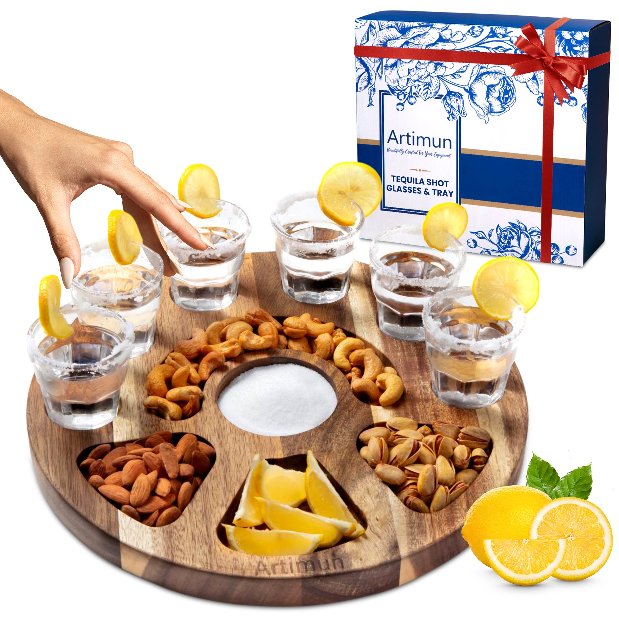 ARTIMUN Tequila Shot Glasses Wooden Tray for Gift and Decorations, Elegant Serving Tray for Parties and Celebrations, Shot Glasses Set, Charcuterie Boards, with Six Drinking Glasses, Bar Accessories