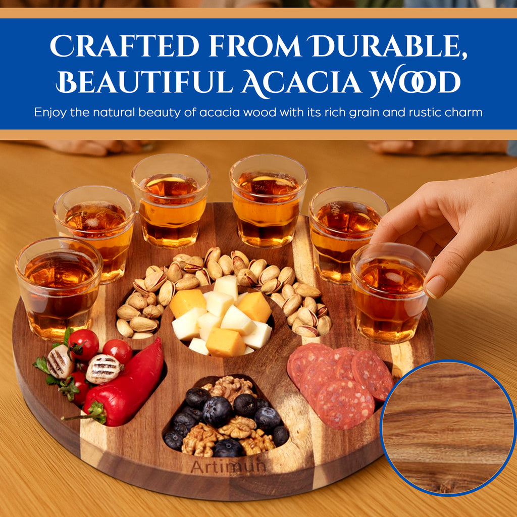 ARTIMUN Tequila Shot Glasses Wooden Tray for Gift and Decorations, Elegant Serving Tray for Parties and Celebrations, Shot Glasses Set, Charcuterie Boards, with Six Drinking Glasses, Bar Accessories