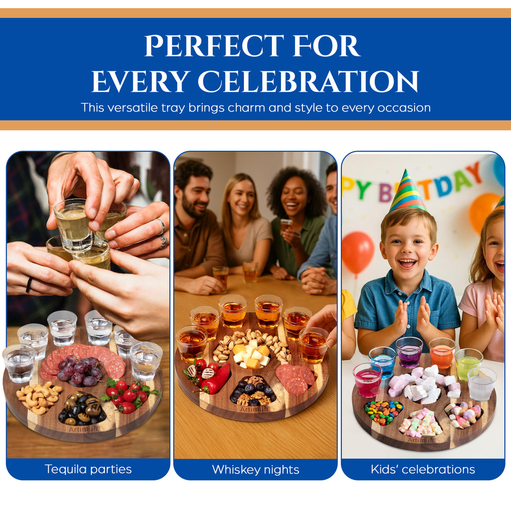 ARTIMUN Tequila Shot Glasses Wooden Tray for Gift and Decorations, Elegant Serving Tray for Parties and Celebrations, Shot Glasses Set, Charcuterie Boards, with Six Drinking Glasses, Bar Accessories